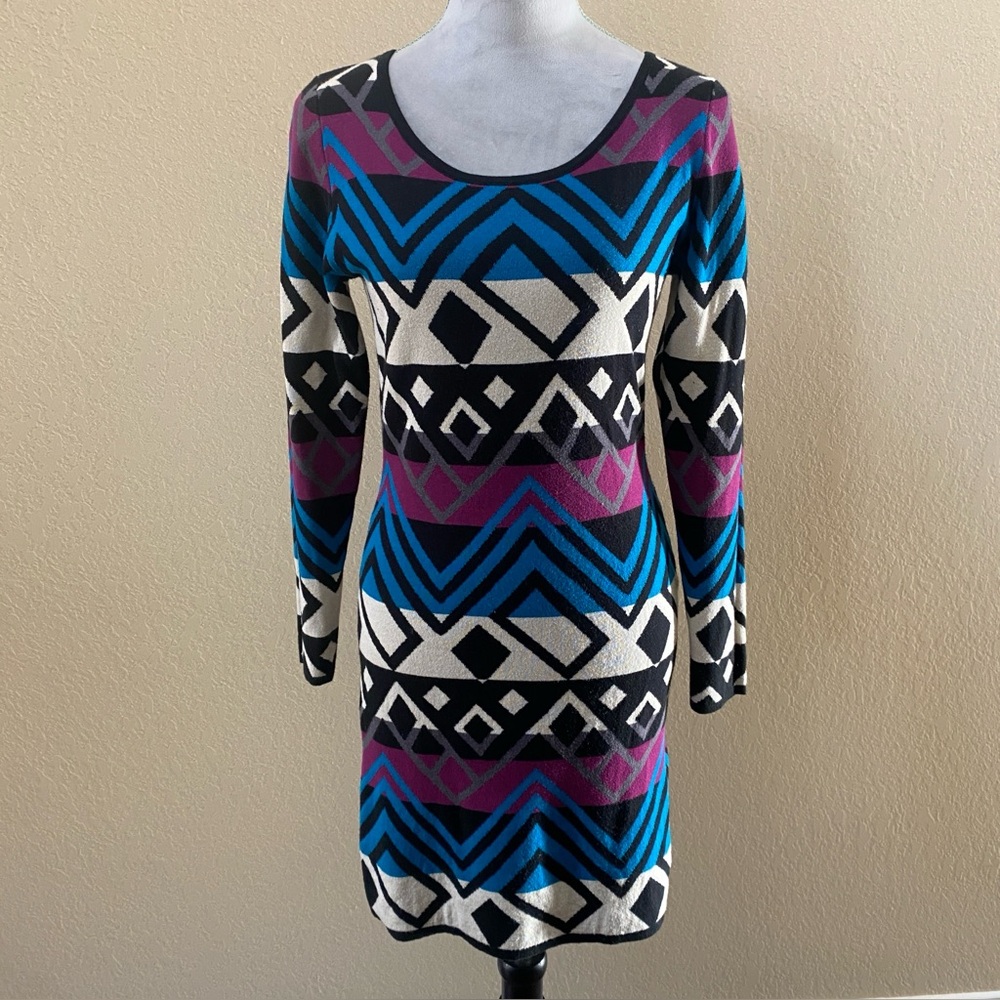 Jaloux Geometric Knit Sweater Dress – Long Sleeve – Purple Blue Black Cream – S